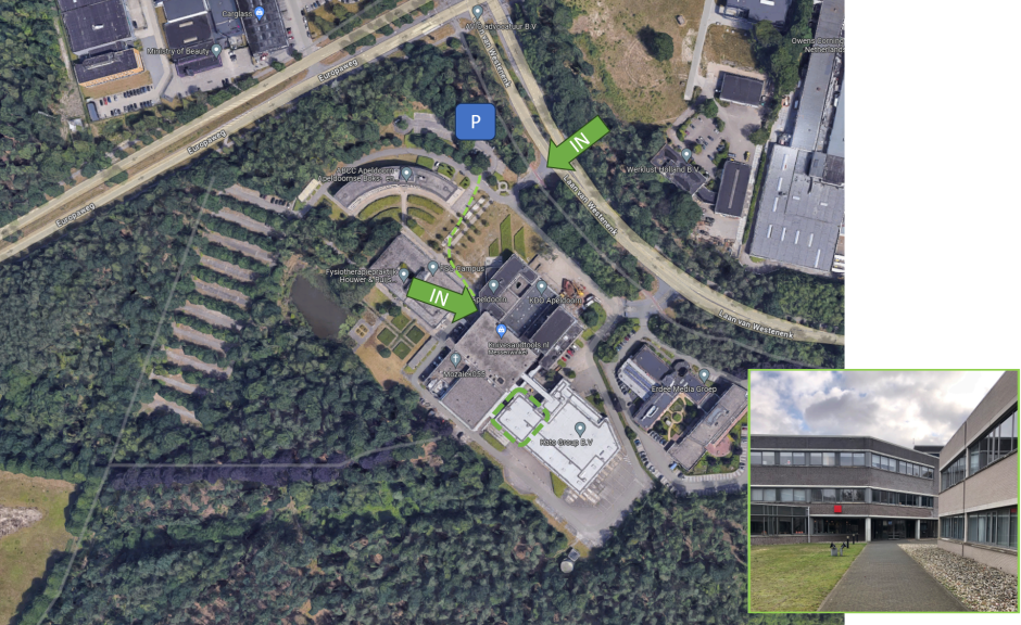 Luchtfoto van het FSG-terrein met indicatie Parkeerplaats en ingang